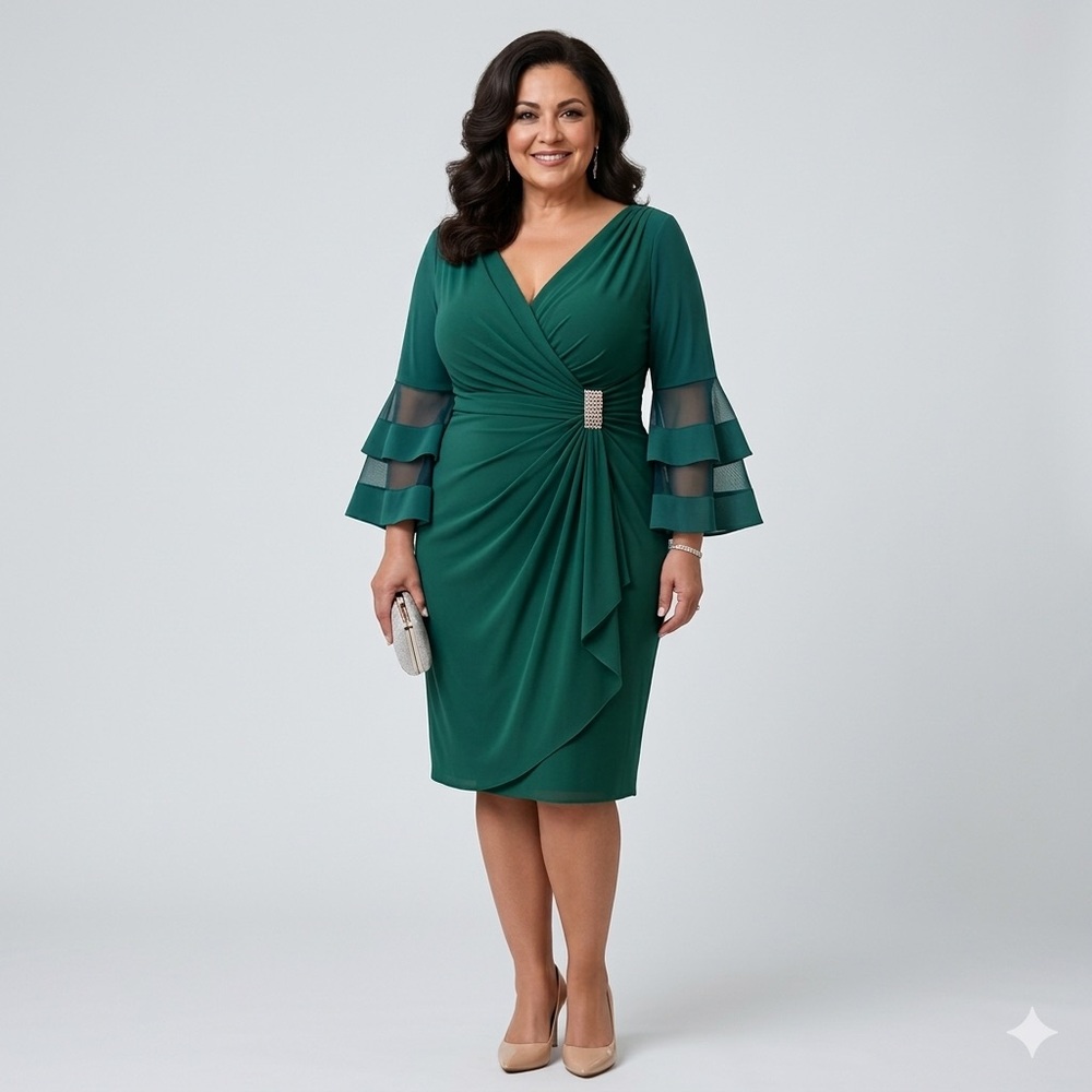 R&M Richards Emerald Draped Surplice Cocktail Bell Angel Sleeve Gala Party 20W